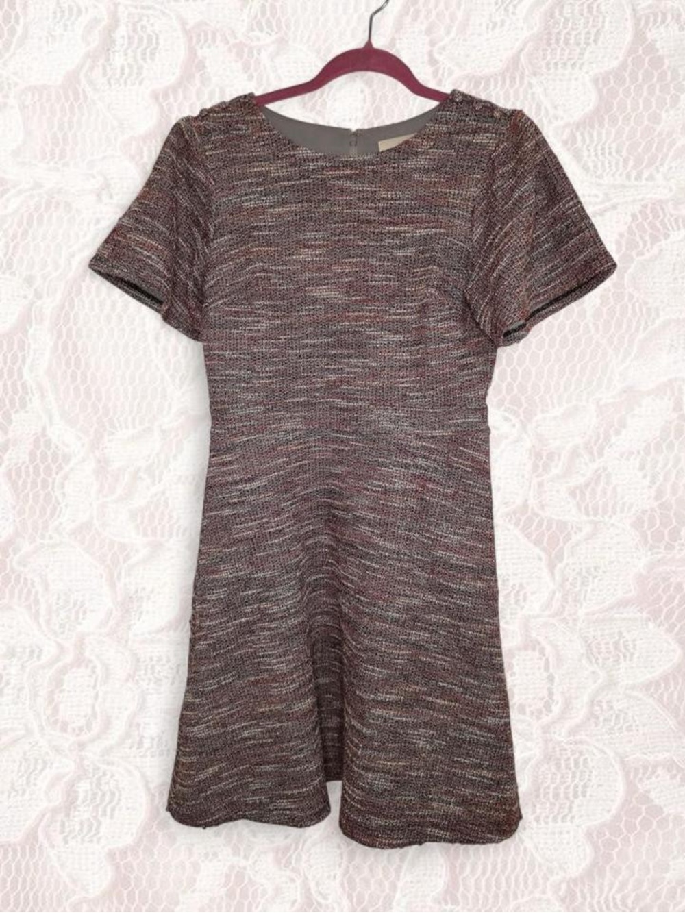 LOFT A-Line Dress Size 4 Red Grey Tweed Short Sleeve Pockets